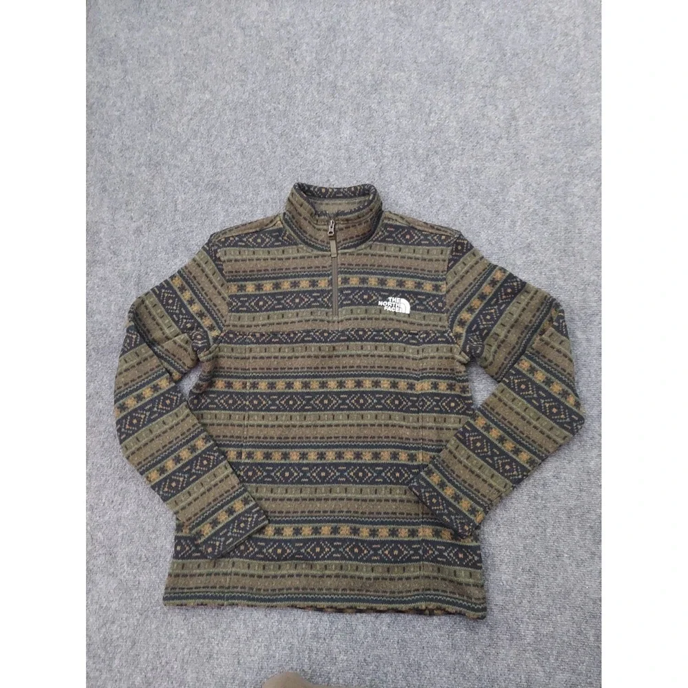 North Face Pullover Sweater Mens Medium Olive Green Fair Isle 1/4 Zip Outdoor